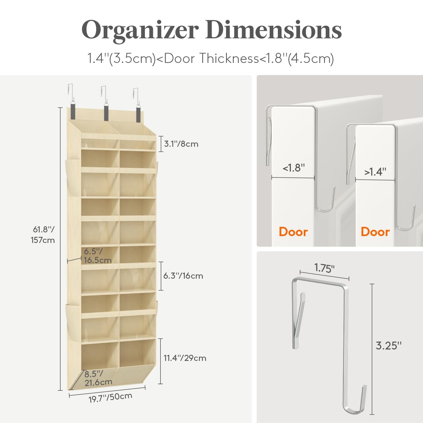 Lifewit 1 Pack Over the Door Organizer, 5 Section Hanging Storage, Beige