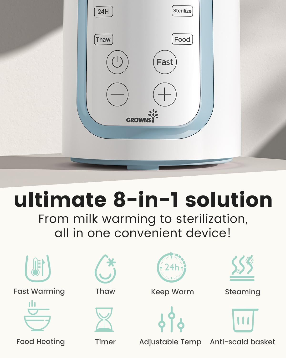 Grownsy 8-in-1 OG Fast Bottle Warmer with Timer, Gray