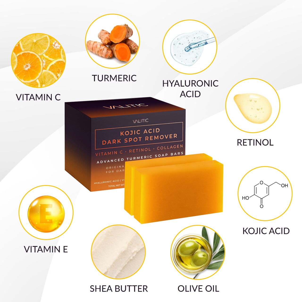 VALITIC Kojic Acid Dark Spot Remover Soap Bars, Turmeric Bar Soaps 2 Pack