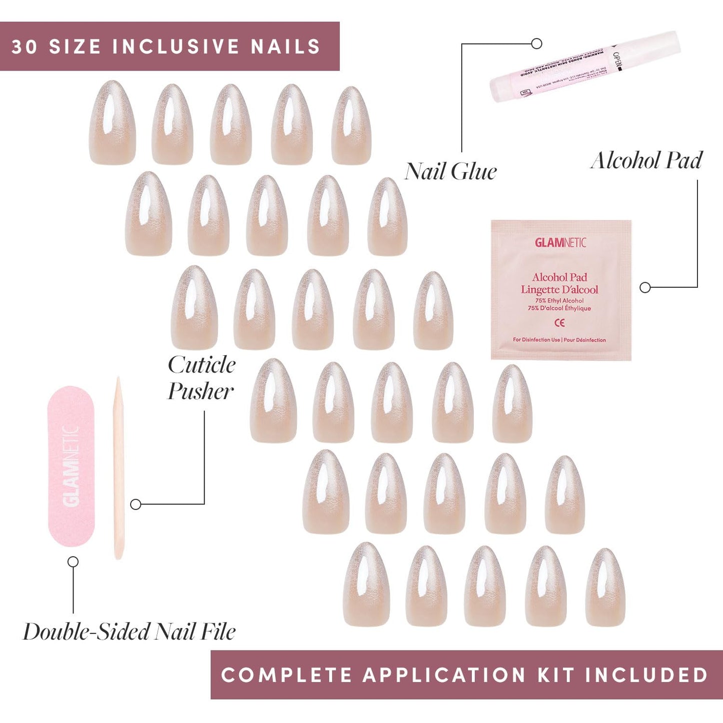 Glamnetic Press On Nails - Short Almond, Glossy Fake Nails 24 Pc Full Kit