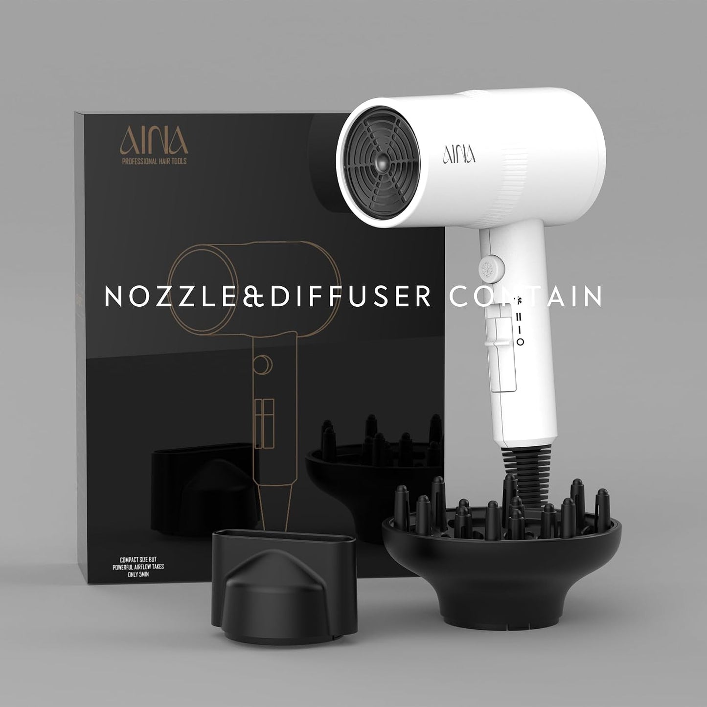 AINA Diffuser Hair Dryer Full-Featured Blow Dryer 110V/1600W(Ash Grey)