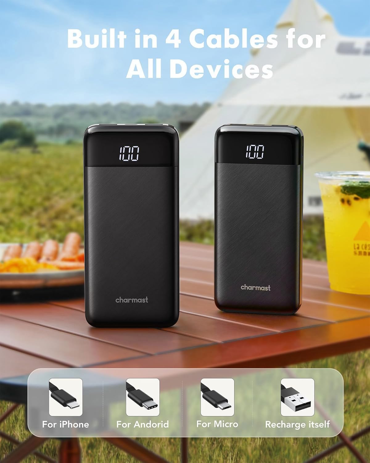 charmast Power Bank Portable Charger with Reinforced Built-in 4 Cables