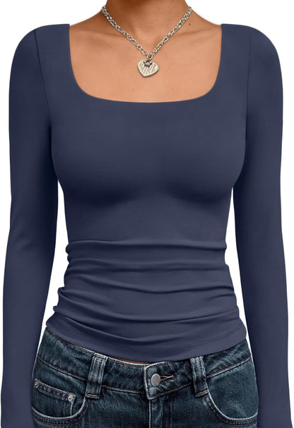 Trendy Queen Womens Square Neck Long Sleeve Shirts Double Lined Fall Tops