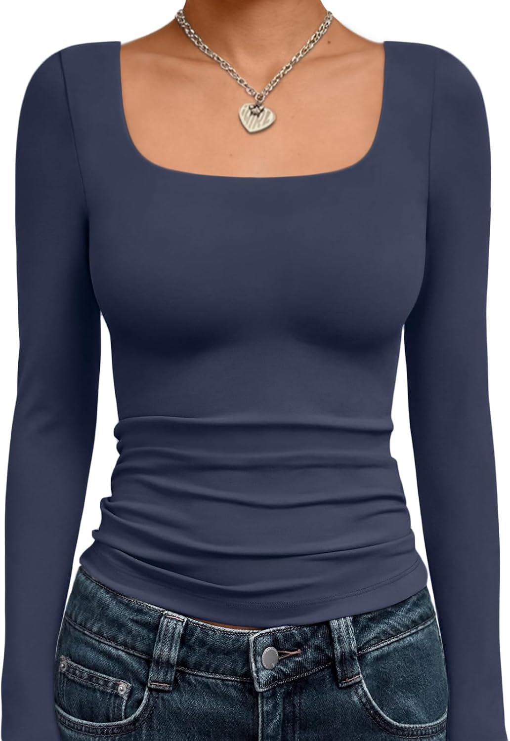 Trendy Queen Womens Square Neck Long Sleeve Shirts Double Lined Fall Tops
