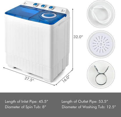 COSTWAY Portable Washing Machine, Twin Tub 26lbs Capacity Laundry Washer, 18lbs Washer and 8lbs Spinner Combo with Timer Knobs, Built-in Drain Pump, Compact Washer for Home Dorm Apartment, Blue+White