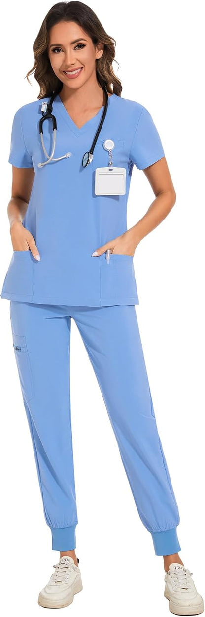 COZYFIT Scrubs for Women Set - Stretch V-Neck & Jogger Pant with 9 Pockets