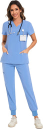COZYFIT Scrubs for Women Set - Stretch V-Neck & Jogger Pant with 9 Pockets
