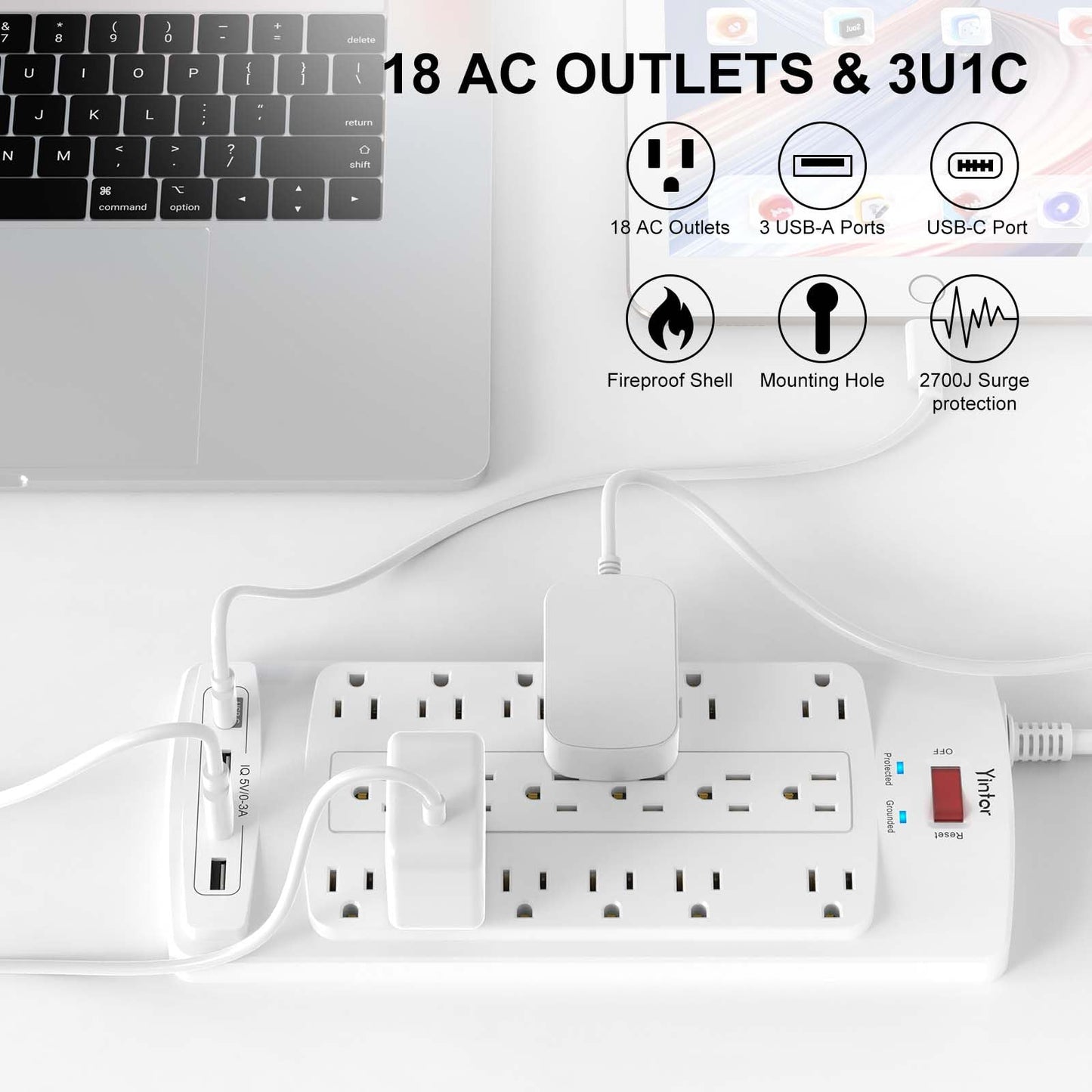 Yintar 6Ft Surge Protector Power Strip with 8 Outlets and 4 USB Ports