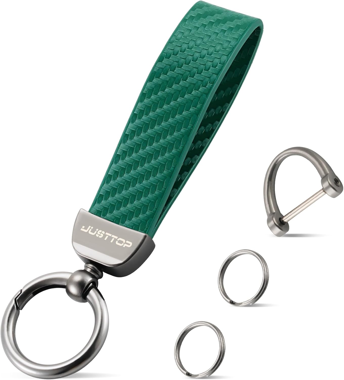 JUSTTOP Leather Keychain, Carbon Fiber Car Key Chain with Anti-Lost D-Ring and 2 Key Ring, Keychain Wristlet, Car Accessories, Universal Keychain for Men and Women (Black)