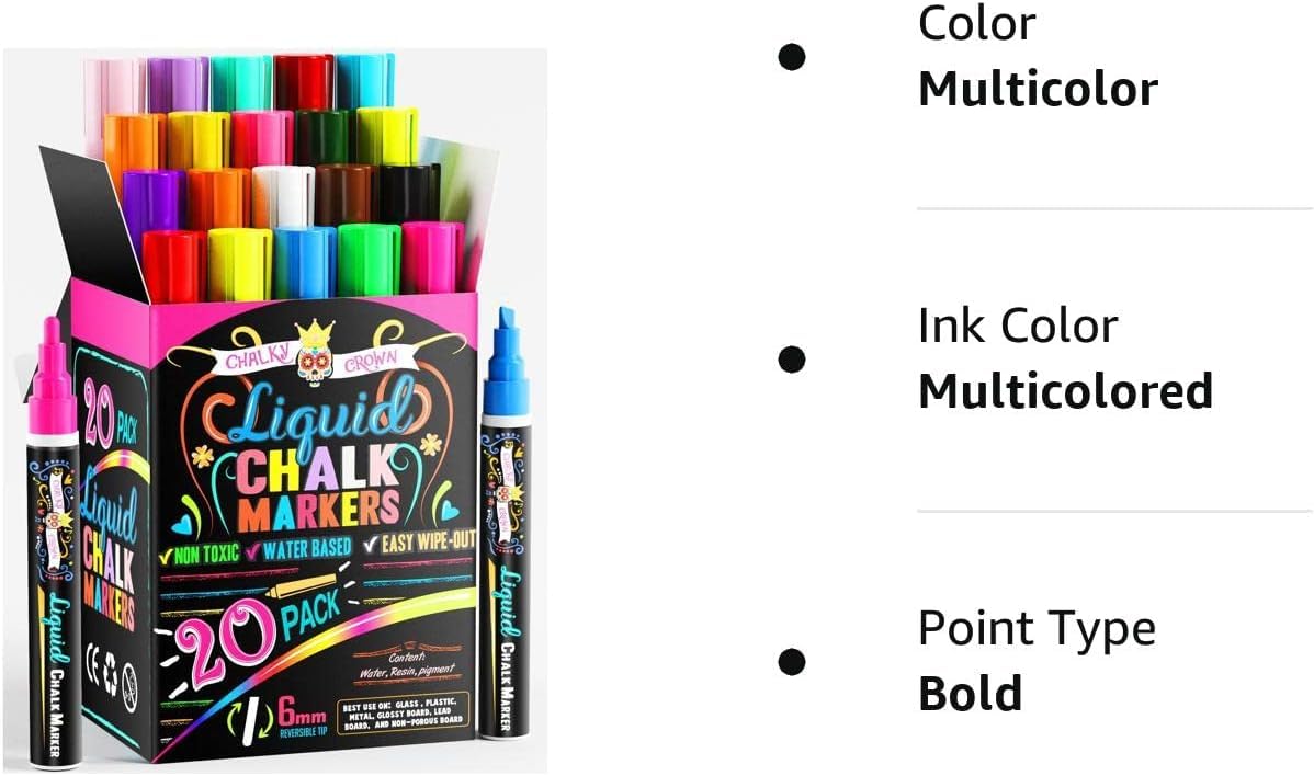 CHALKY CROWN Liquid Chalk Markers - Bold Chalkboard Markers - 8 Pack, 6mm