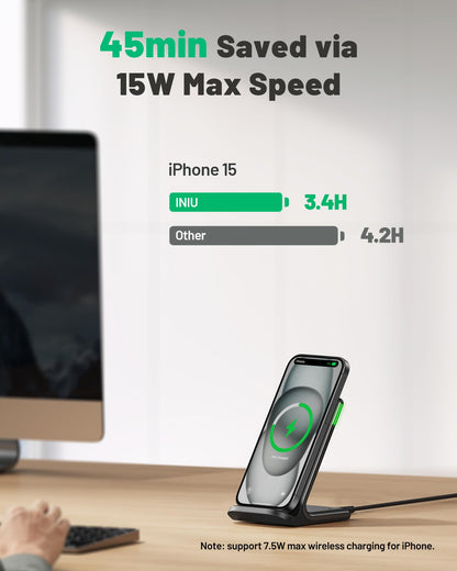 INIU Wireless Charger Station, 15W Fast Wireless Charging Stand for Official and Home Compatible with iPhone 17 16 15 14 13 12 Pro XS Samsung Galaxy S23 S22 S21 Note 20 Google etc