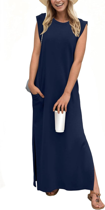 GRECERELLE 2026 Women Year-Round Casual Round Neck Loose Split Wrinkle-Free Long Maxi Vacation Dress with Pockets (XXS-4XL)