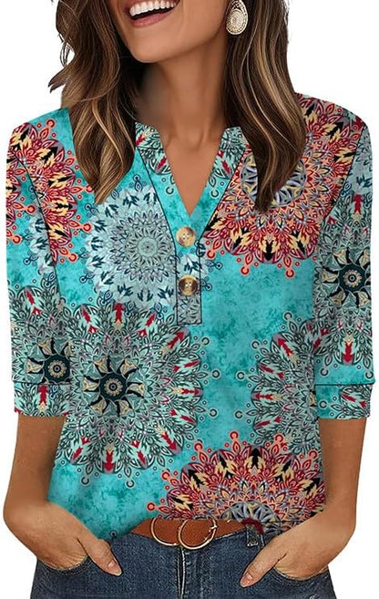 OFEEFAN Womens Tops 3/4 Sleeve Henley Shirts for Women Summer Outfits Fashion Clothing
