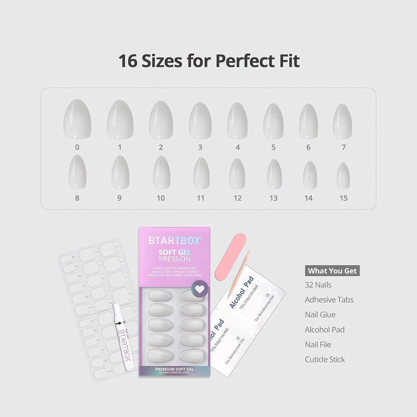 BTArtbox Press On Nails, Cream Puff, Short Almond, Ombre Off White, 32Ct