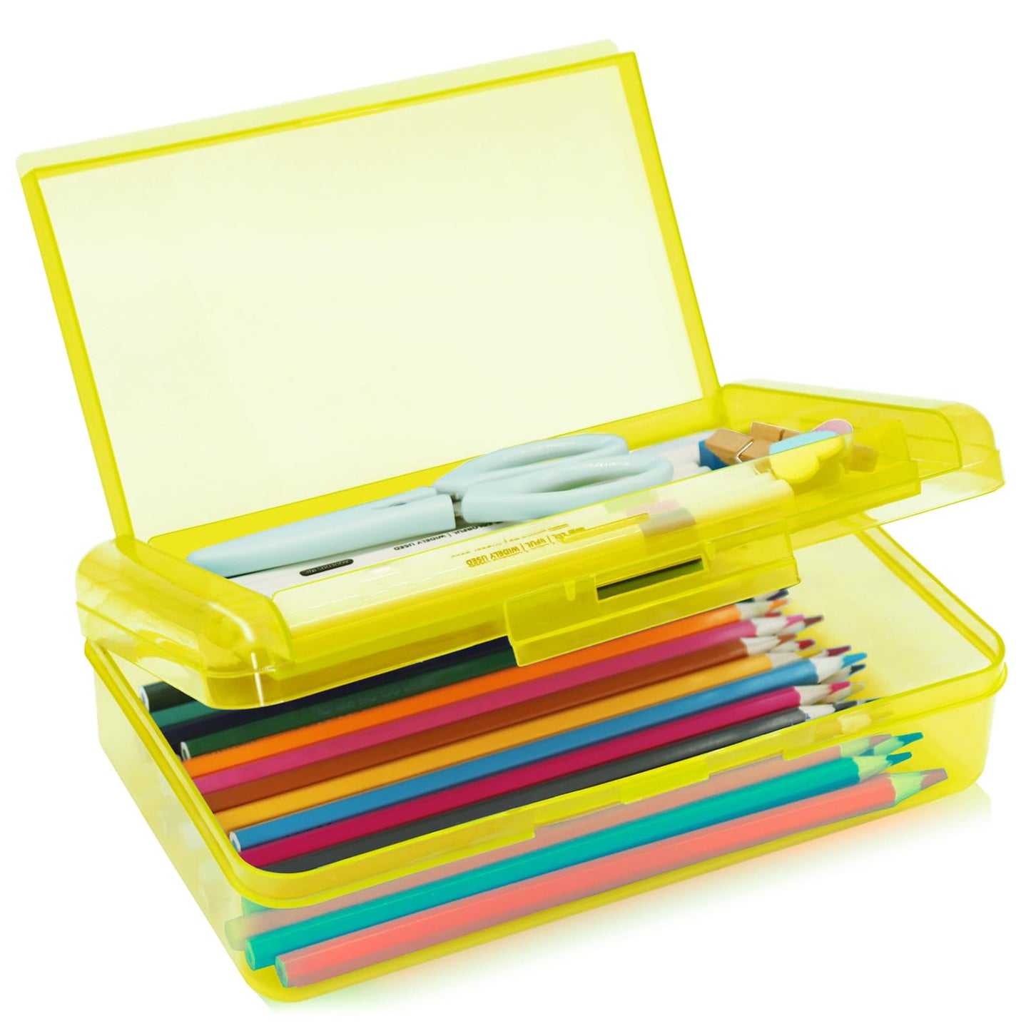 Double Layer Plastic Clear Hard Colored Pencil Box Case Pen Crayon Box