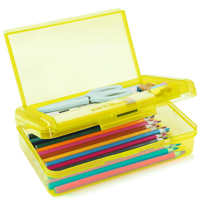 Double Layer Plastic Clear Hard Colored Pencil Box Case Pen Crayon Box