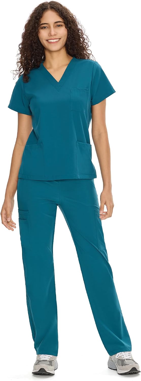 COZYFIT Scrubs for Women Set - V-Neck & Straight Leg Pants with 9 Pockets