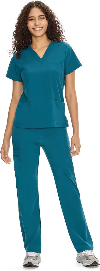 COZYFIT Scrubs for Women Set - V-Neck & Straight Leg Pants with 9 Pockets