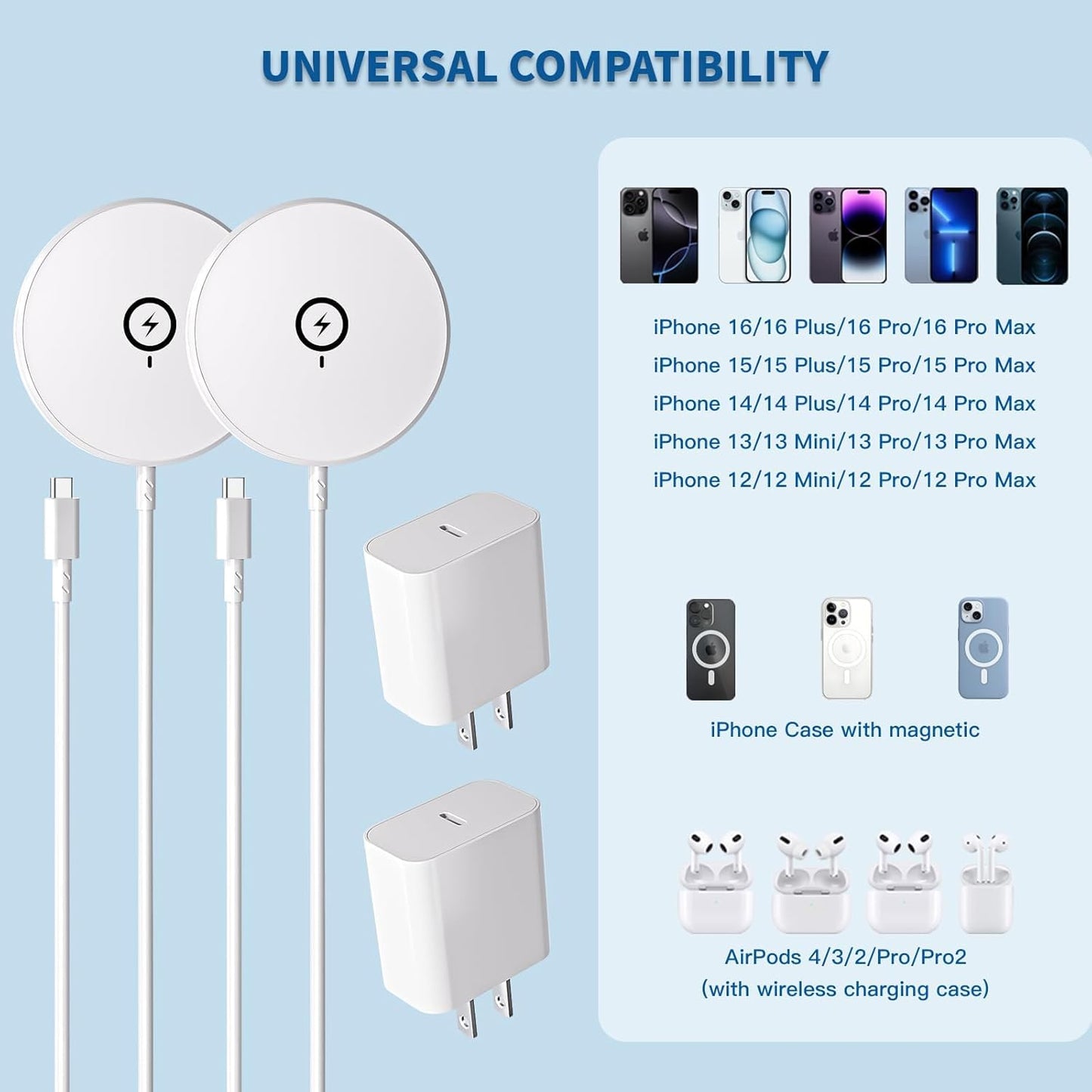 Magnetic Wireless Charger for iPhone,2 Pack Apple Magsafe Charger 10FT Long