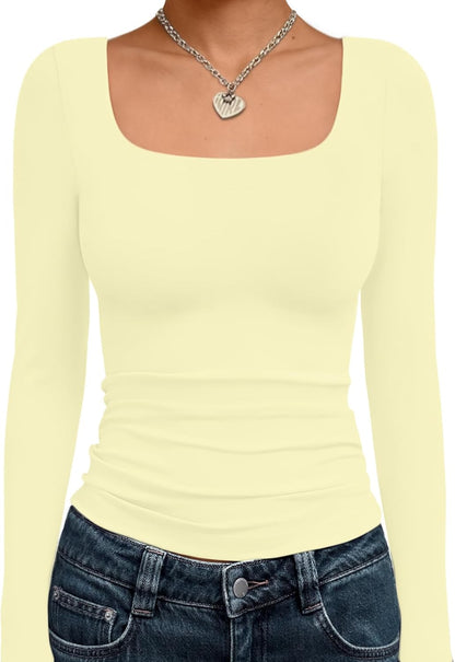 Trendy Queen Womens Square Neck Long Sleeve Shirts Double Lined Fall Tops