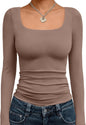 Trendy Queen Womens Square Neck Long Sleeve Shirts Double Lined Fall Tops