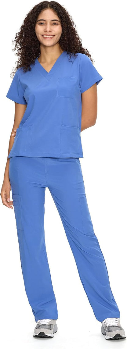 COZYFIT Scrubs for Women Set - V-Neck & Straight Leg Pants with 9 Pockets