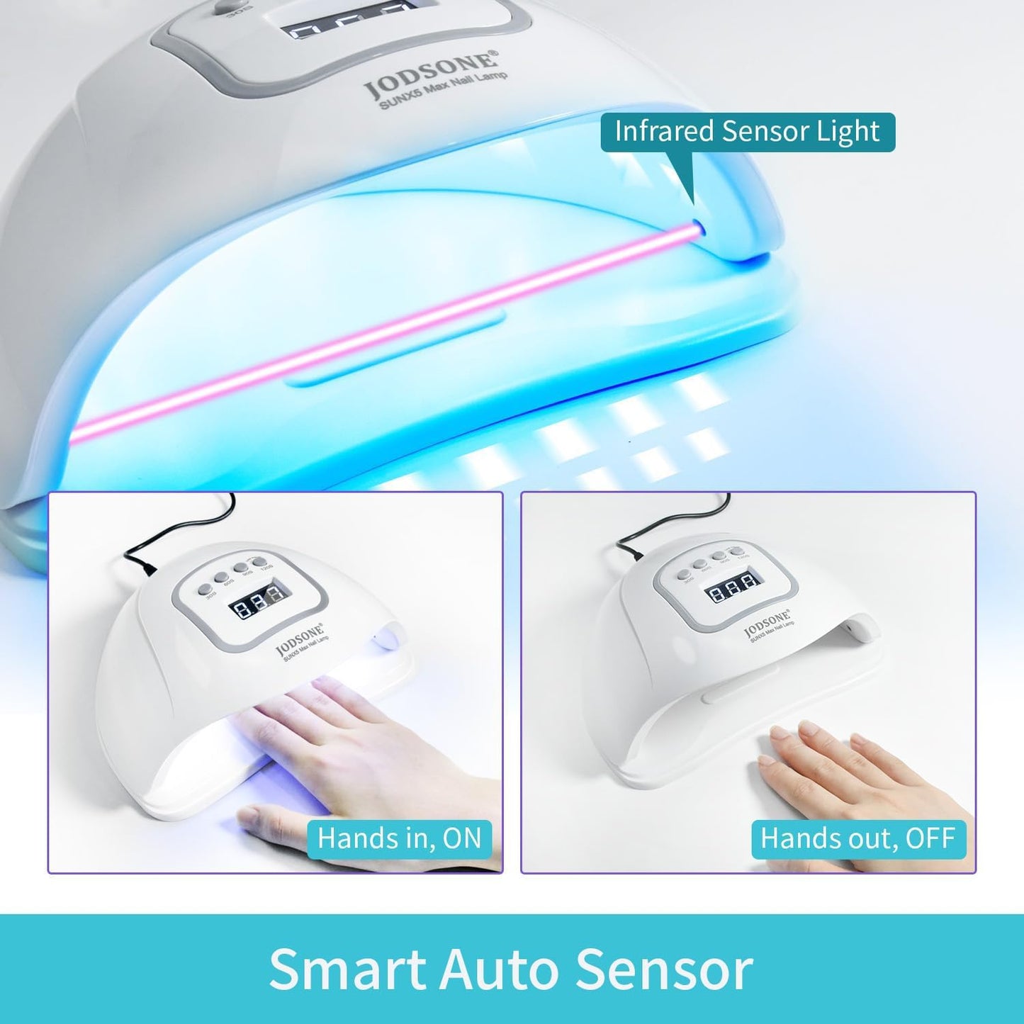 JODSONE U V LED Nail Lamp with Base Coat Top Coat Set, Nail Dryer for Gel Polish for Nails with Automatic Sensor & 4 Timers