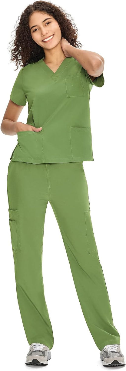 COZYFIT Scrubs for Women Set - V-Neck & Straight Leg Pants with 9 Pockets