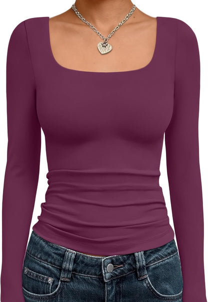 Trendy Queen Womens Square Neck Long Sleeve Shirts Double Lined Fall Tops