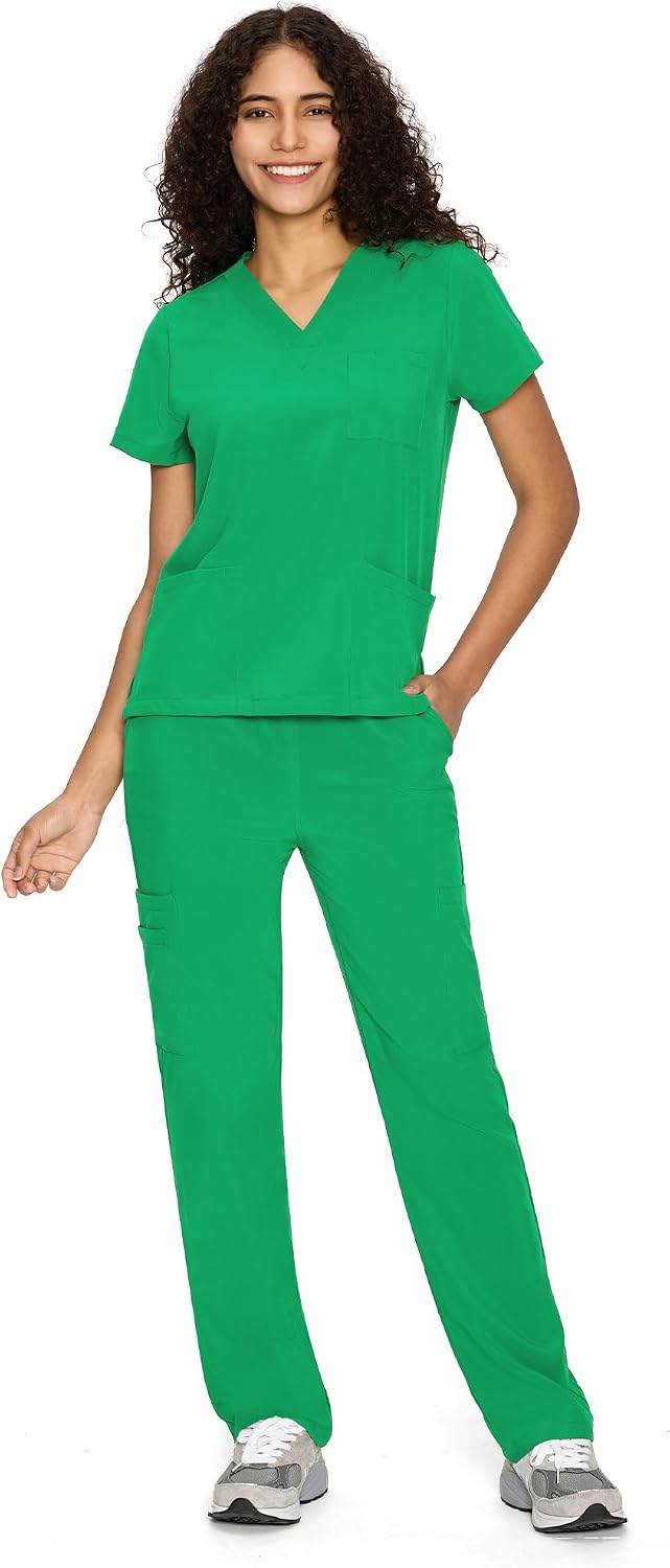 COZYFIT Scrubs for Women Set - V-Neck & Straight Leg Pants with 9 Pockets