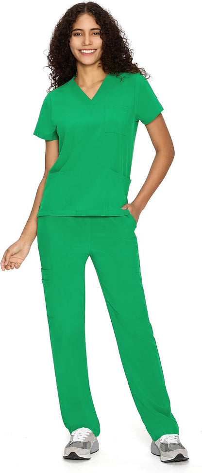 COZYFIT Scrubs for Women Set - V-Neck & Straight Leg Pants with 9 Pockets
