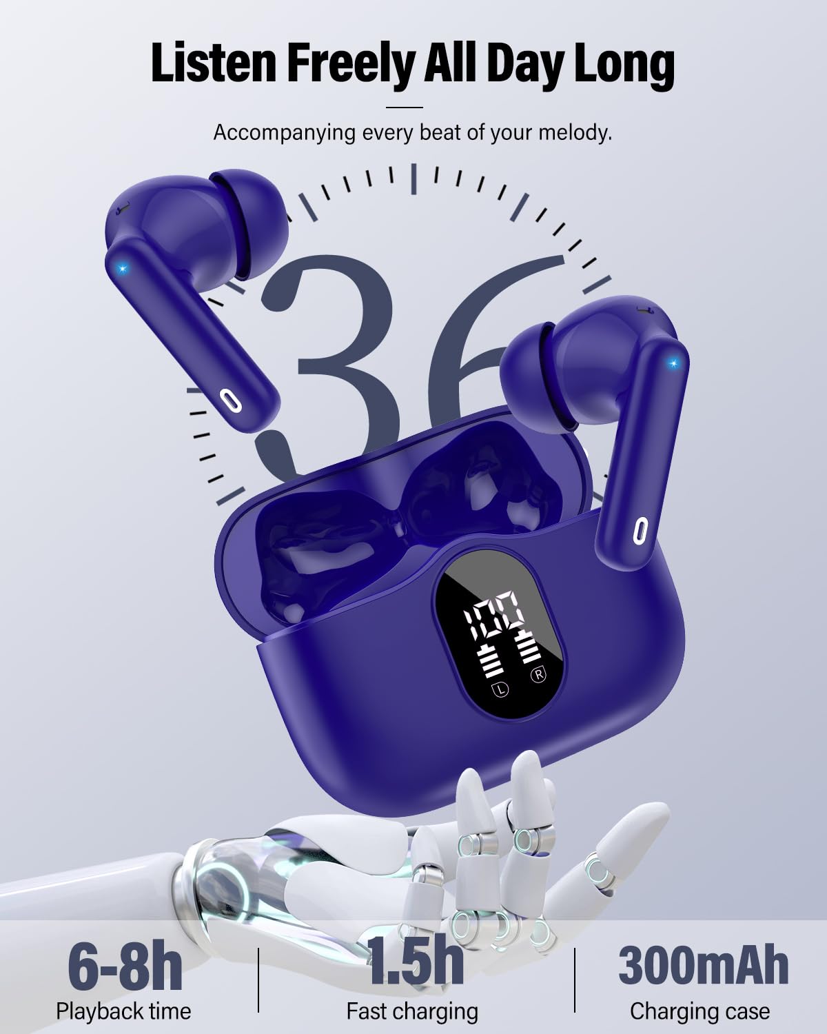 Wireless Earbuds, Bluetooth 5.4 Headphones Bass Stereo/Clear Calls, Black