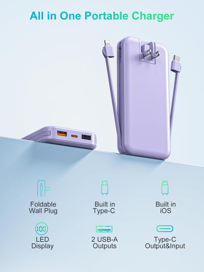 citicr Portable Charger 10000mAh PD20W w/Built-in Cables & Wall Plug White