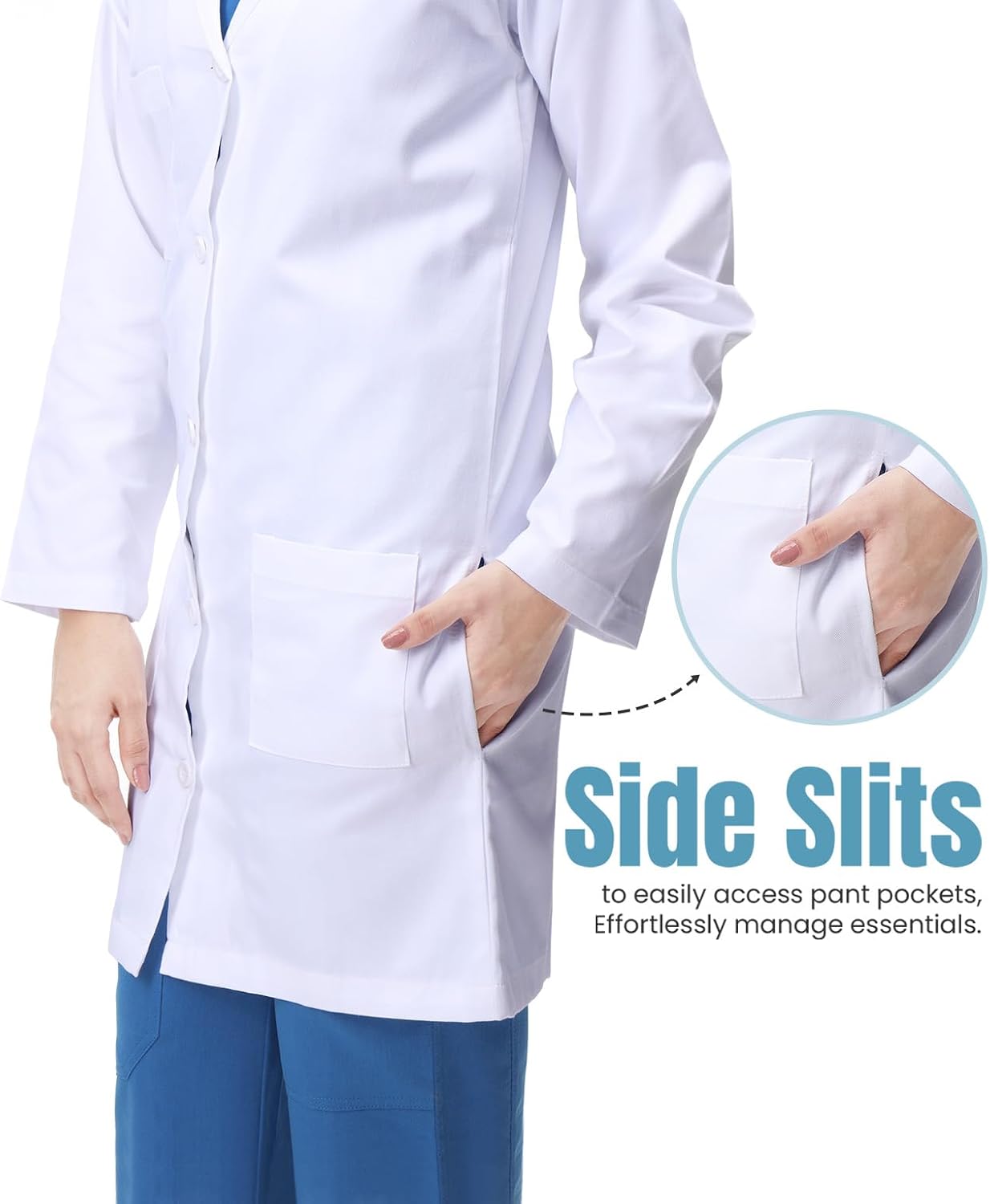 White Lab Coat for Women with Side-Slit Access and 3 Pockets for College