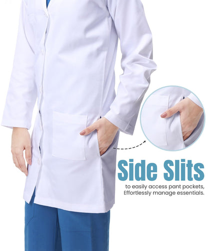 White Lab Coat for Women with Side-Slit Access and 3 Pockets for College