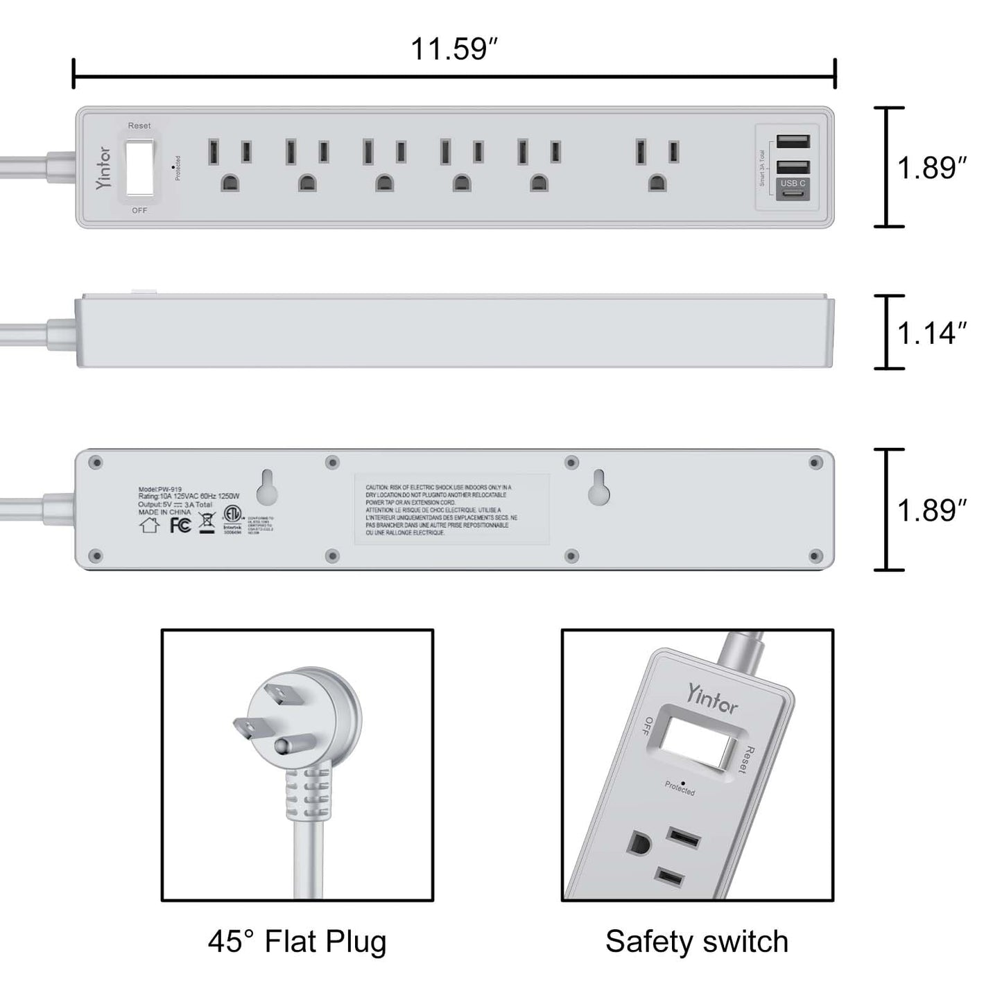 Yintar 6Ft Surge Protector Power Strip with 8 Outlets and 4 USB Ports