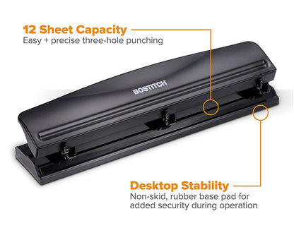 Bostitch Office Premium 3 Hole Punch, 12 Sheet Capacity, Metal, Rubber Base, Easy-Clean Tray, Silver