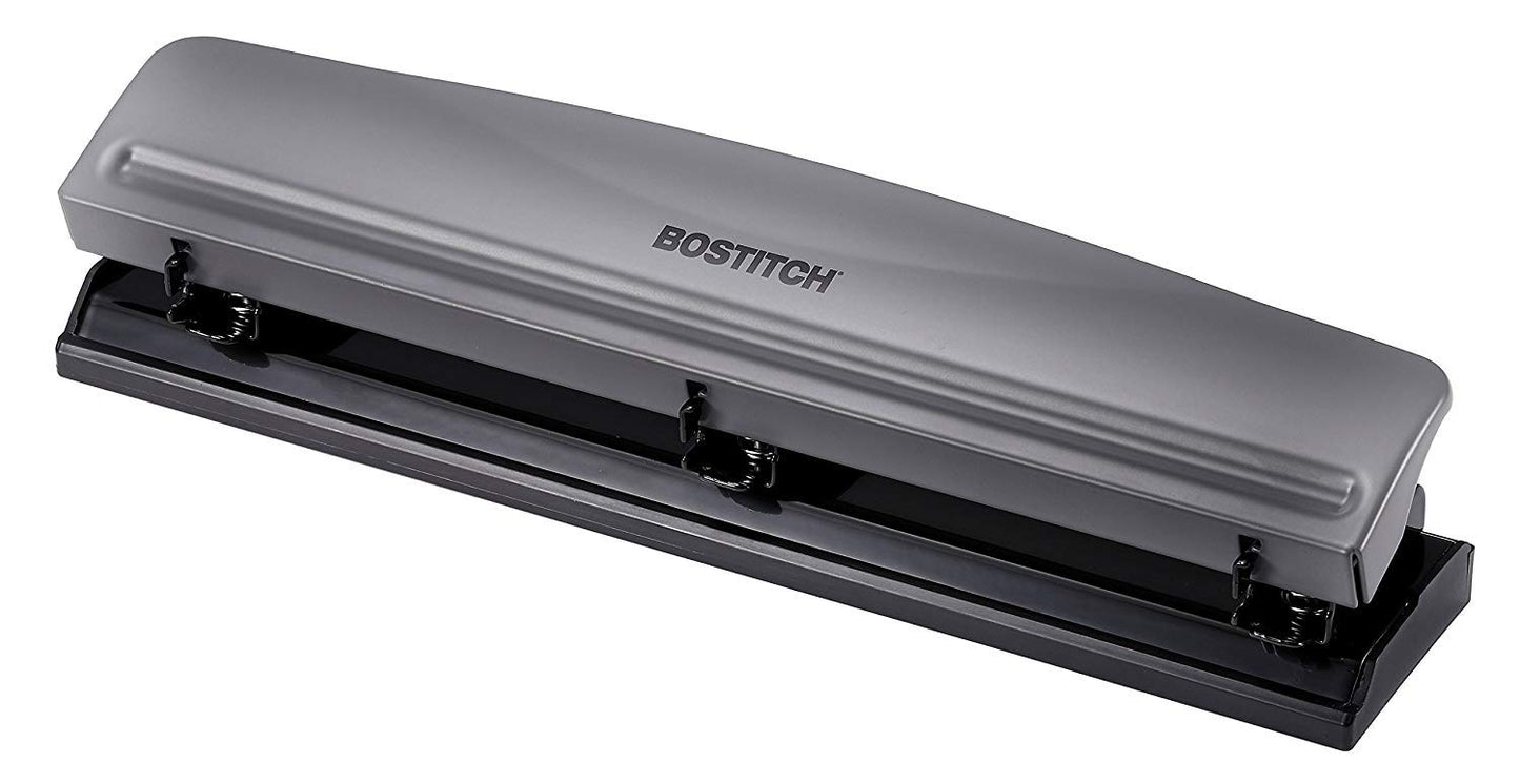 Bostitch Office Premium 3 Hole Punch, 12 Sheet Capacity, Metal, Rubber Base, Easy-Clean Tray, Silver