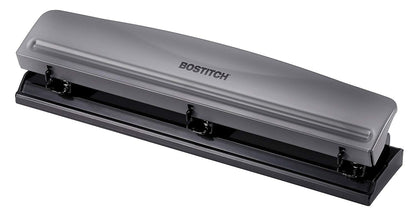 Bostitch Office Premium 3 Hole Punch, 12 Sheet Capacity, Metal, Rubber Base, Easy-Clean Tray, Silver