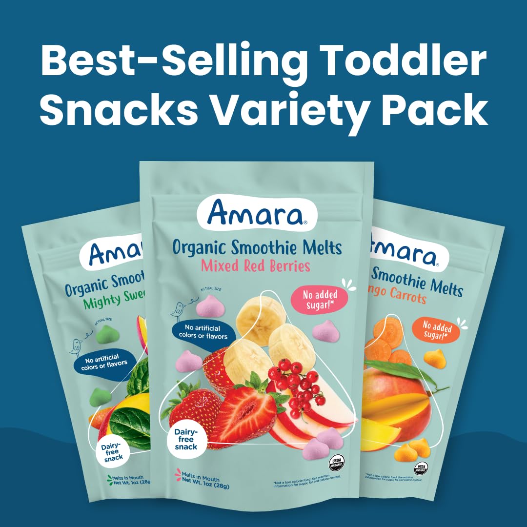 Amara Smoothie Melts - Mango Carrot - Organic Baby Snacks w/ Fruits & Veggies - Plant Based Yogurt Melts - Healthy Toddler Snack - Activity Book Included - Enjoy From 10+ Mos - 6 Resealable Bags