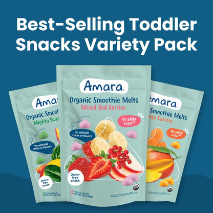Amara Smoothie Melts - Mango Carrot - Organic Baby Snacks w/ Fruits & Veggies - Plant Based Yogurt Melts - Healthy Toddler Snack - Activity Book Included - Enjoy From 10+ Mos - 6 Resealable Bags