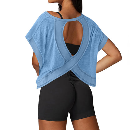 UNIANKIYA Open Back Workout Tops for Women Loose Fit Athletic Crop Tee Short Sleeve Gym Running Yoga Shirt