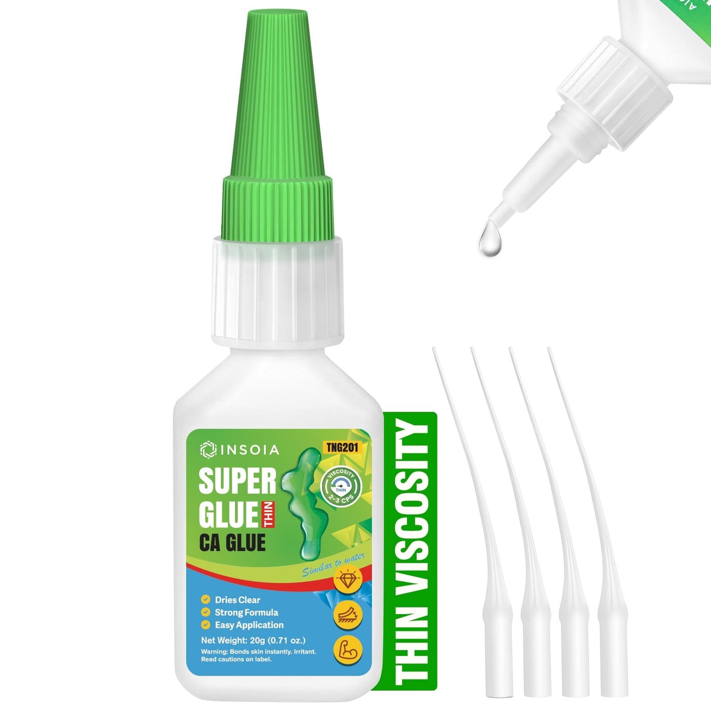 INSOIA Super Medium CA Glue, 20g, Strong Bond, with Precision Tips