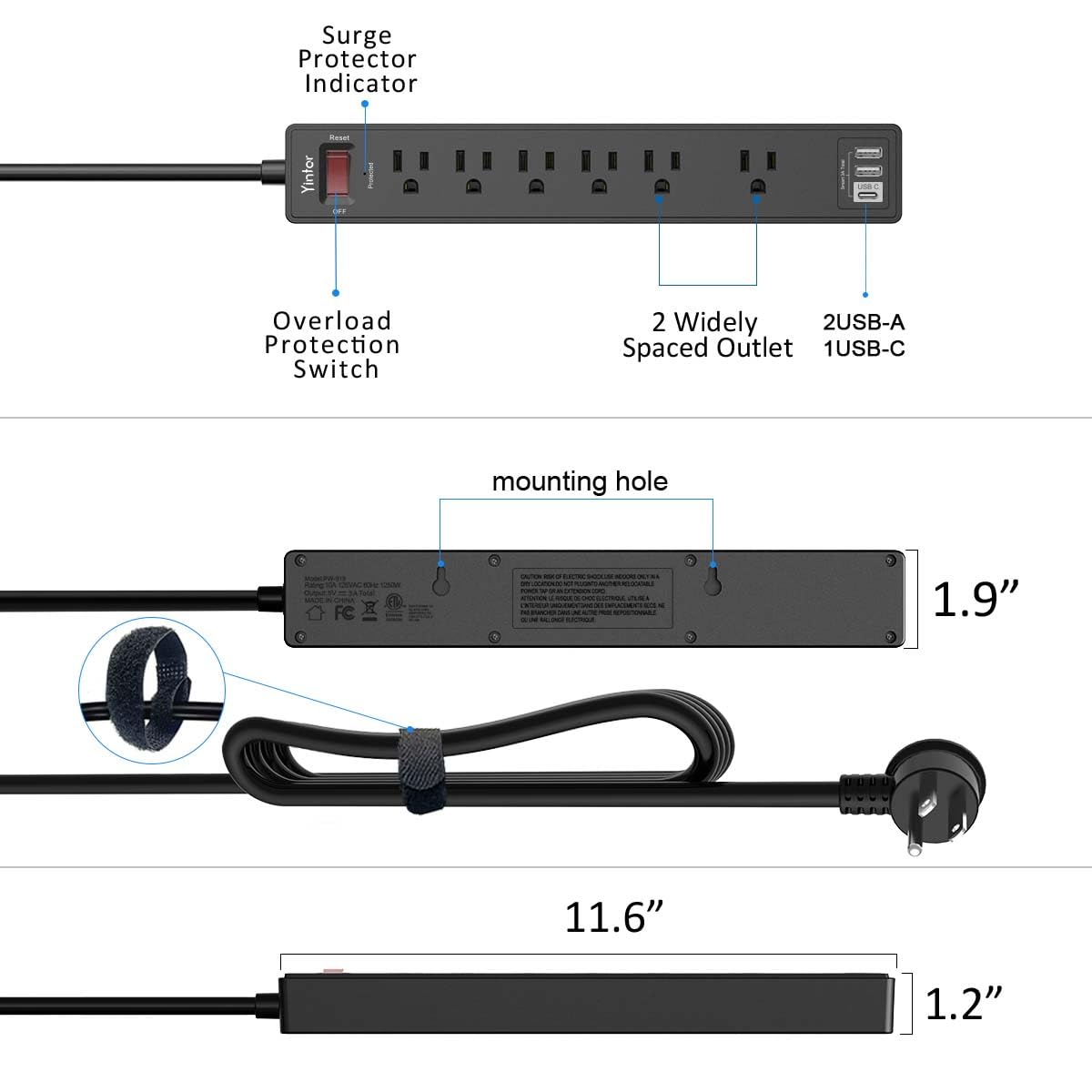 Yintar 6Ft Surge Protector Power Strip with 8 Outlets and 4 USB Ports