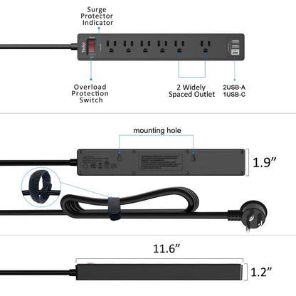 Yintar 6Ft Surge Protector Power Strip with 8 Outlets and 4 USB Ports