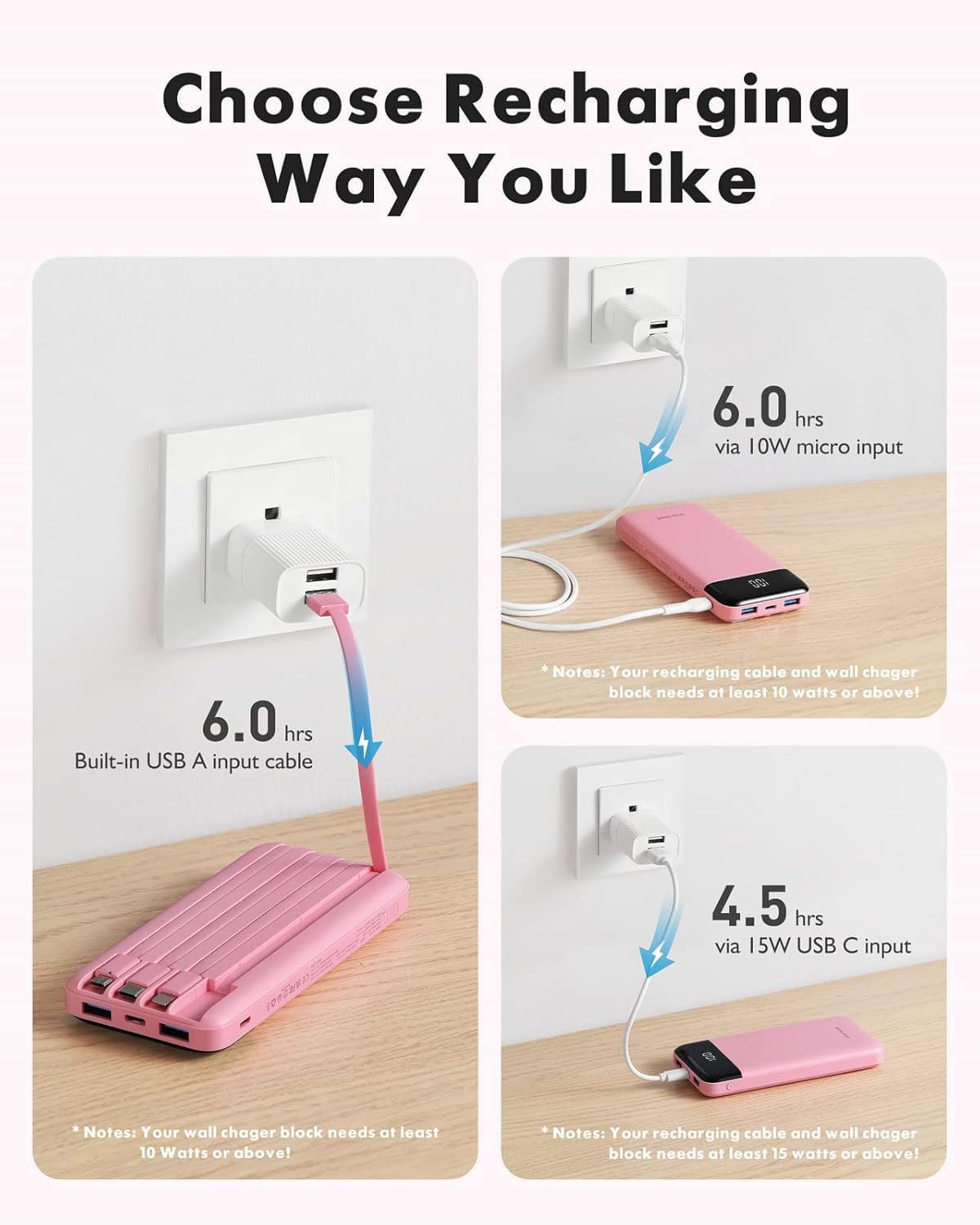 charmast Power Bank Portable Charger with Reinforced Built-in 4 Cables