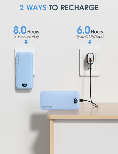 citicr Portable Charger 10000mAh PD20W w/Built-in Cables & Wall Plug White
