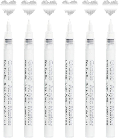 Grabie 6 White Acrylic Paint Markers, 0.7 mm Extra Fine Tip