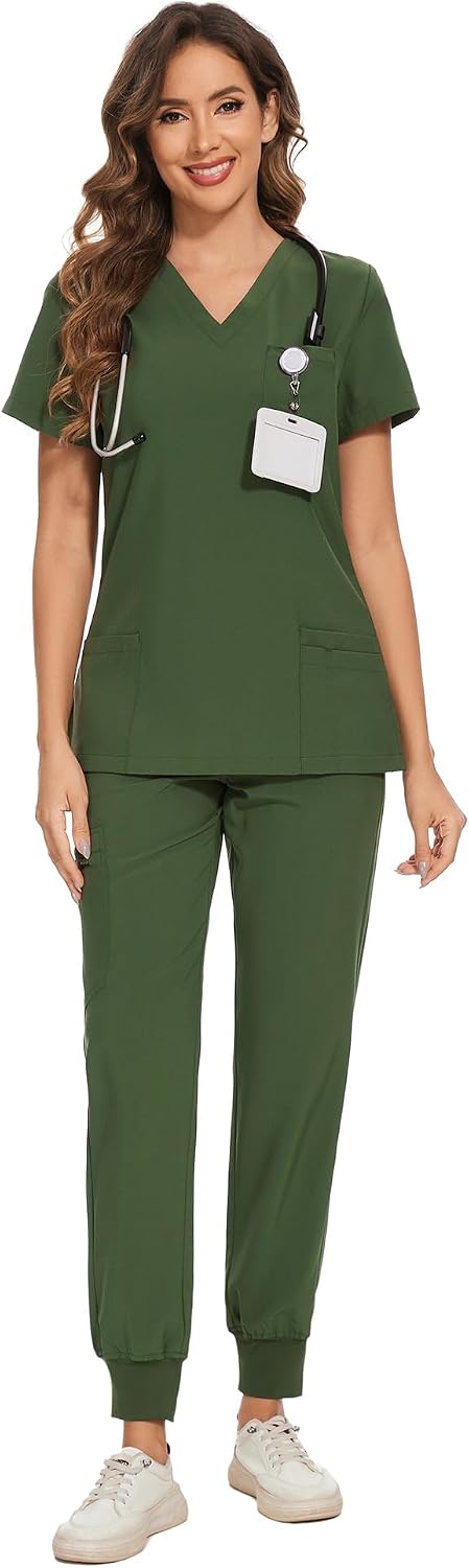 COZYFIT Scrubs for Women Set - Stretch V-Neck & Jogger Pant with 9 Pockets