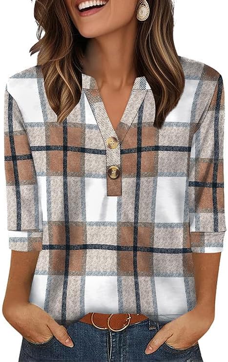 OFEEFAN Womens Tops 3/4 Sleeve Henley Shirts for Women Summer Outfits Fashion Clothing
